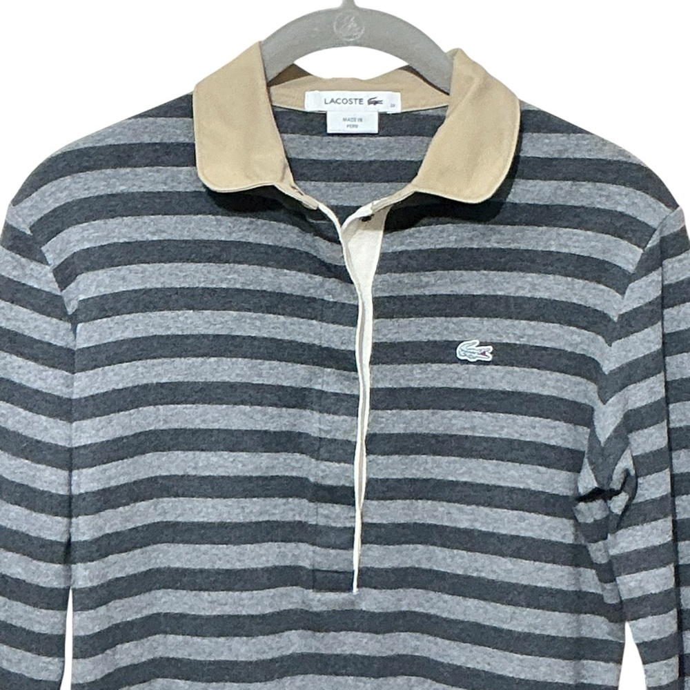LACOSTE Stripe Rugby Polo Shirt XS FR 32 18” p2p Gray/Tan EUC - Picture 4 of 13